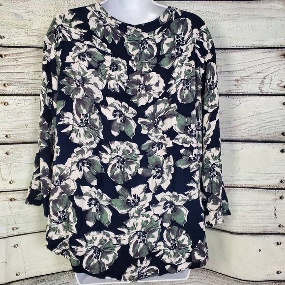 Fun2Fun 2X Navy Green White Floral Long Sleeve Button Blouse - Picture 4 of 8